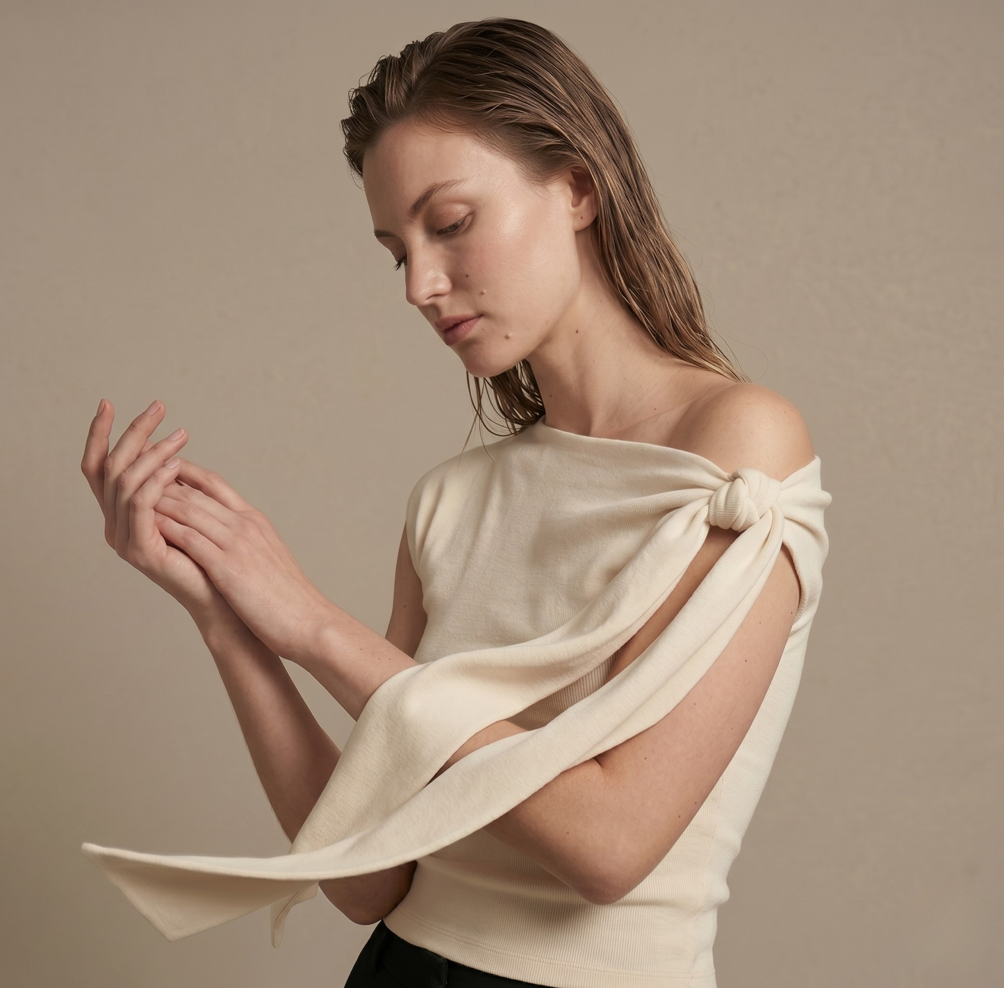 One-Shoulder Tie Detail Slim Fit Top