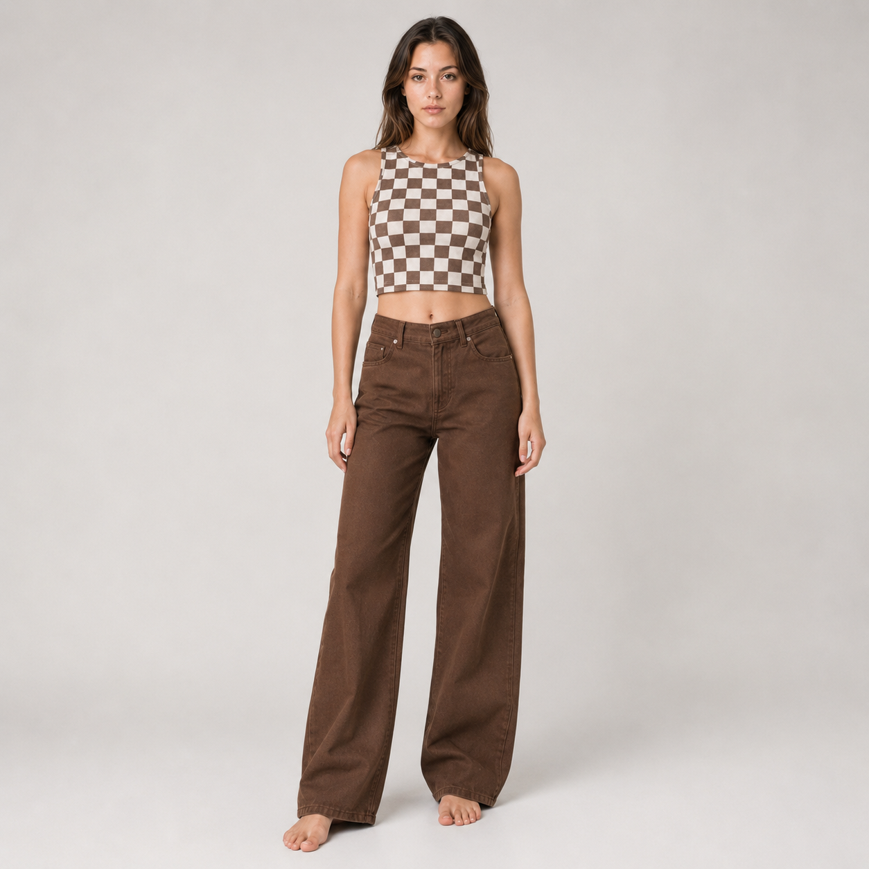 High Waist Straight Leg Brown Jean