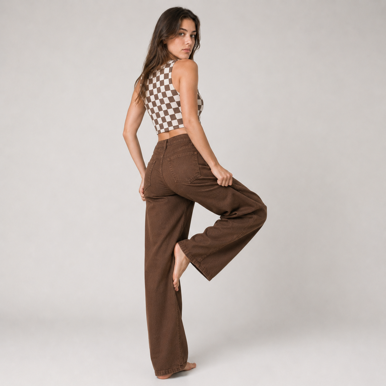 High Waist Straight Leg Brown Jean