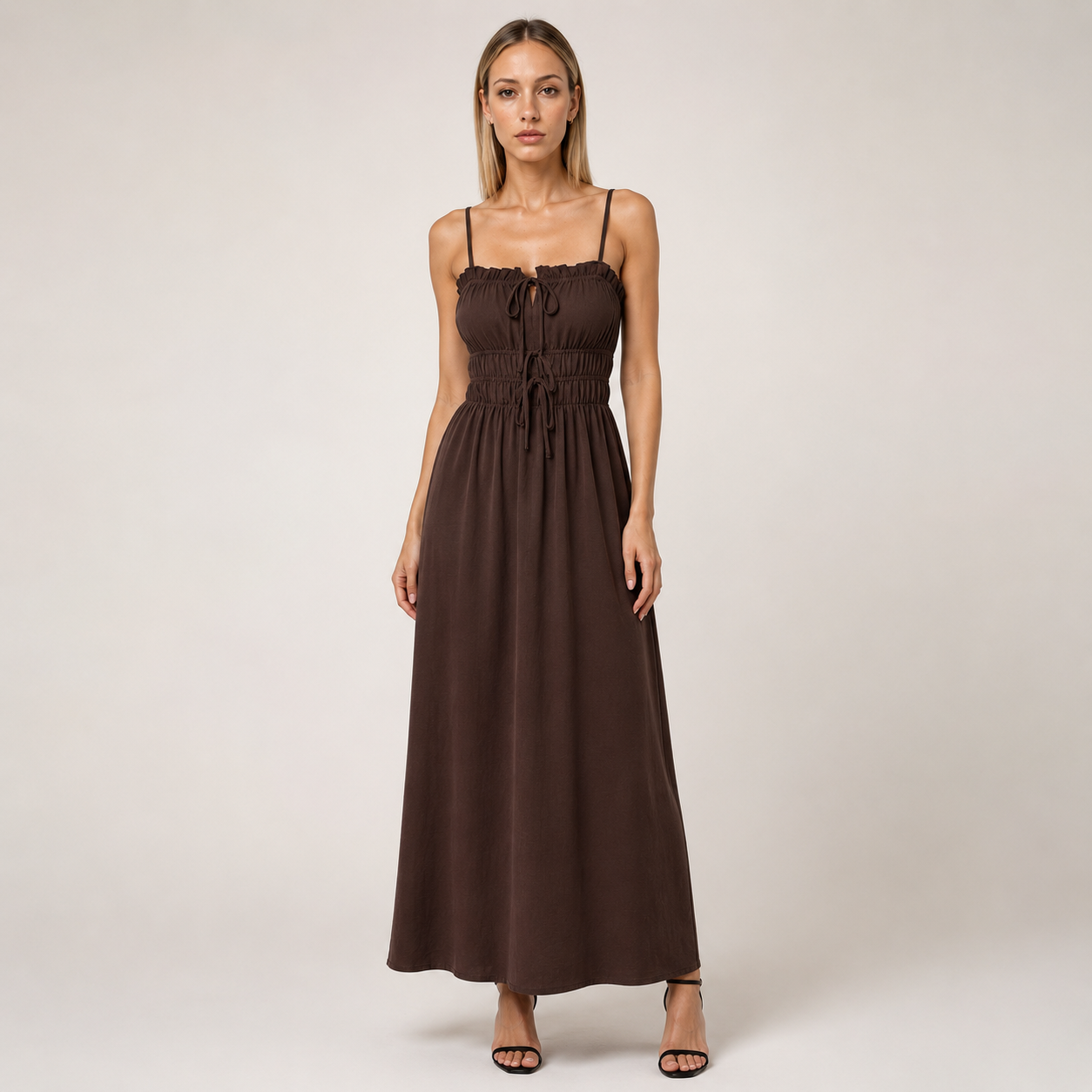 Coffee Brown Boat-Neck Strap Midi Dress