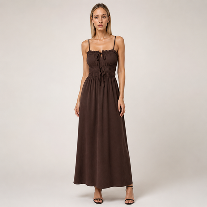 Coffee Brown Boat-Neck Strap Midi Dress