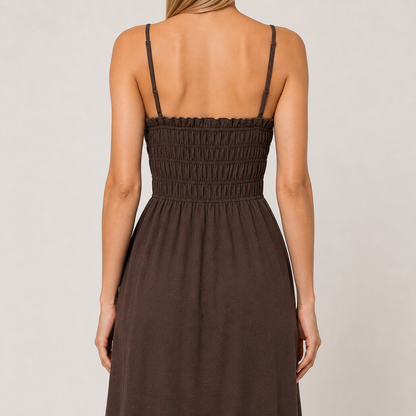 Coffee Brown Boat-Neck Strap Midi Dress