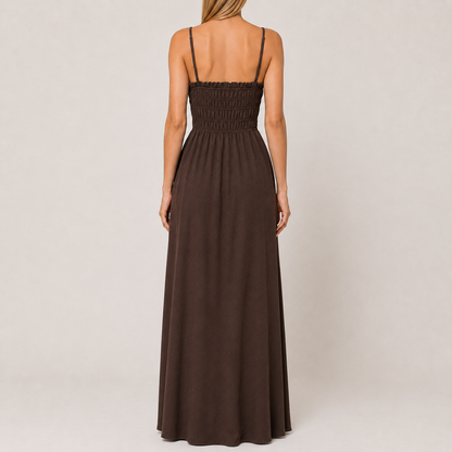 Coffee Brown Boat-Neck Strap Midi Dress