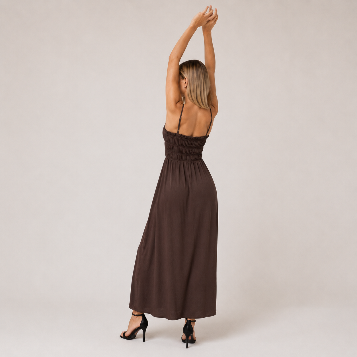 Coffee Brown Boat-Neck Strap Midi Dress