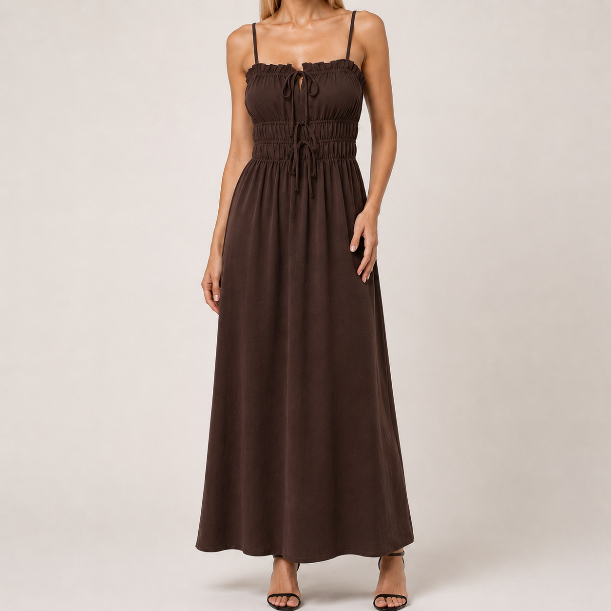 Coffee Brown Boat-Neck Strap Midi Dress