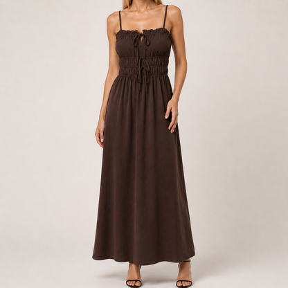 Coffee Brown Boat-Neck Strap Midi Dress