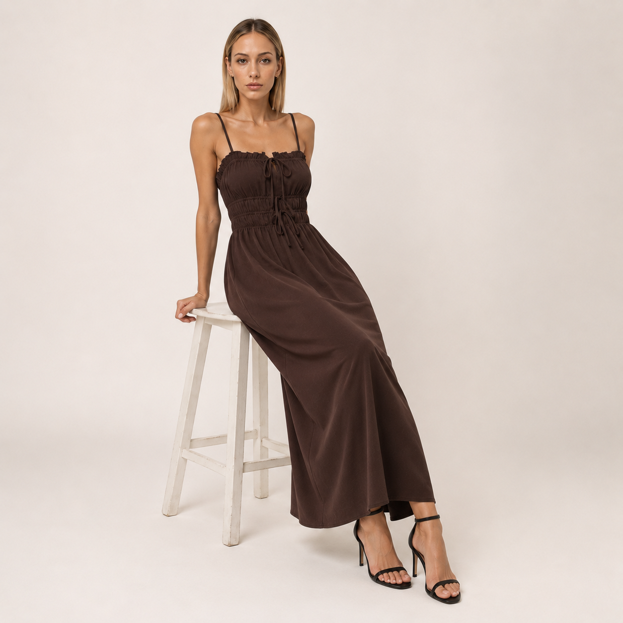 Coffee Brown Boat-Neck Strap Midi Dress