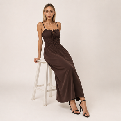 Coffee Brown Boat-Neck Strap Midi Dress