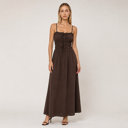 Coffee Brown Boat-Neck Strap Midi Dress