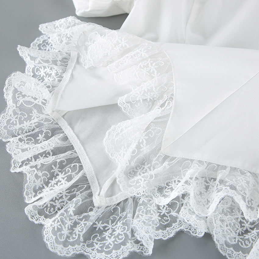 Lace Hem Puff Sleeve Cotton Blouse
