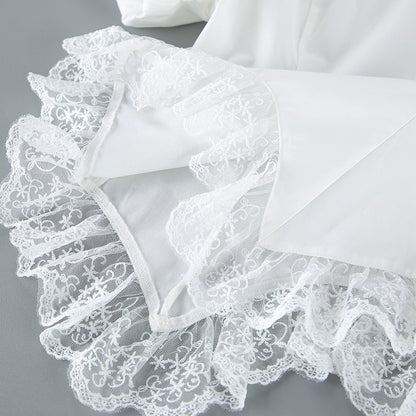 Lace Hem Puff Sleeve Cotton Blouse
