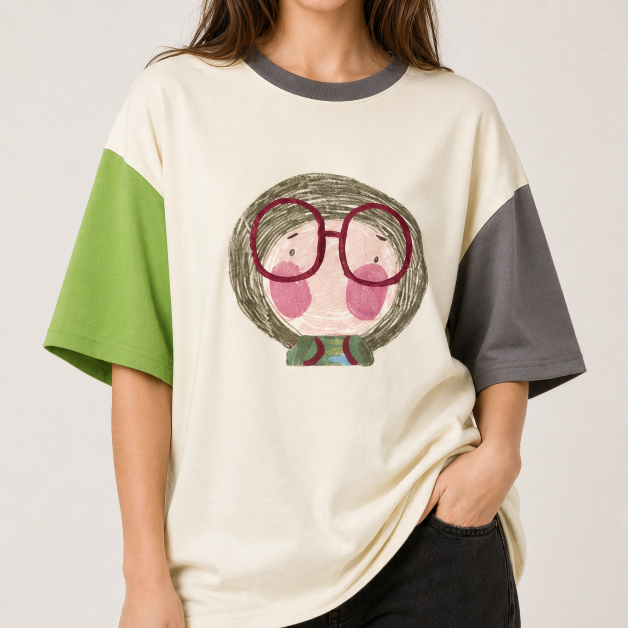 Oversized Cotton T-Shirt Color Block Graphic
