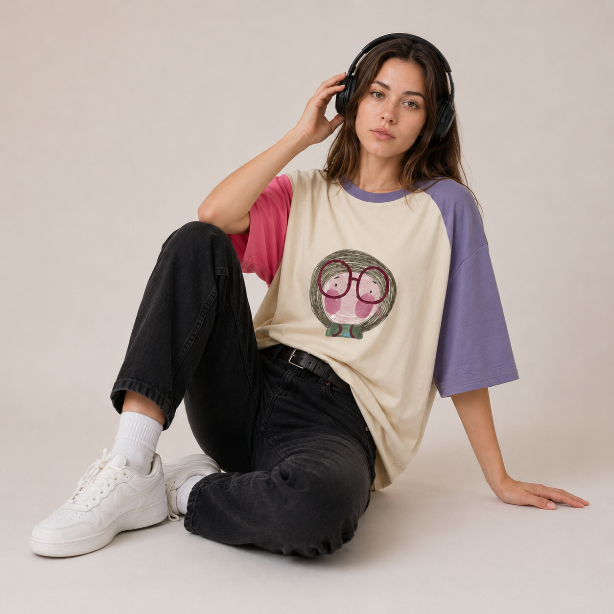 Oversized Cotton T-Shirt Color Block Graphic