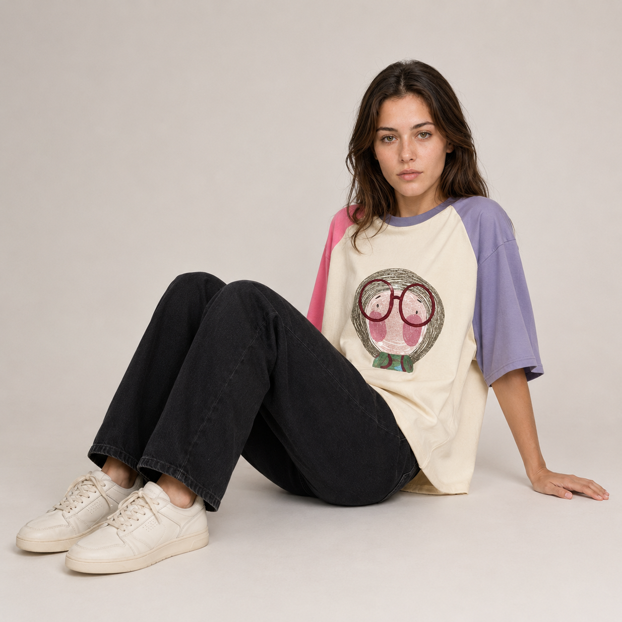 Oversized Cotton T-Shirt Color Block Graphic