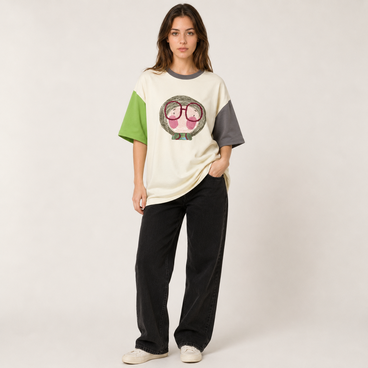 Oversized Cotton T-Shirt Color Block Graphic