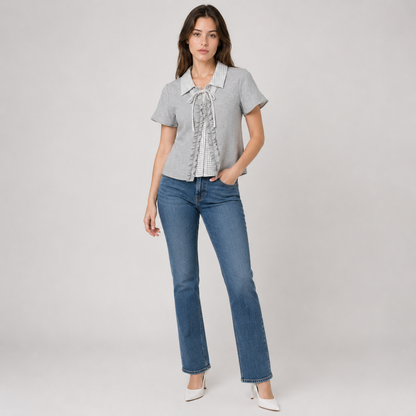 Plaid Collar Lace-Up Mock Layer Top