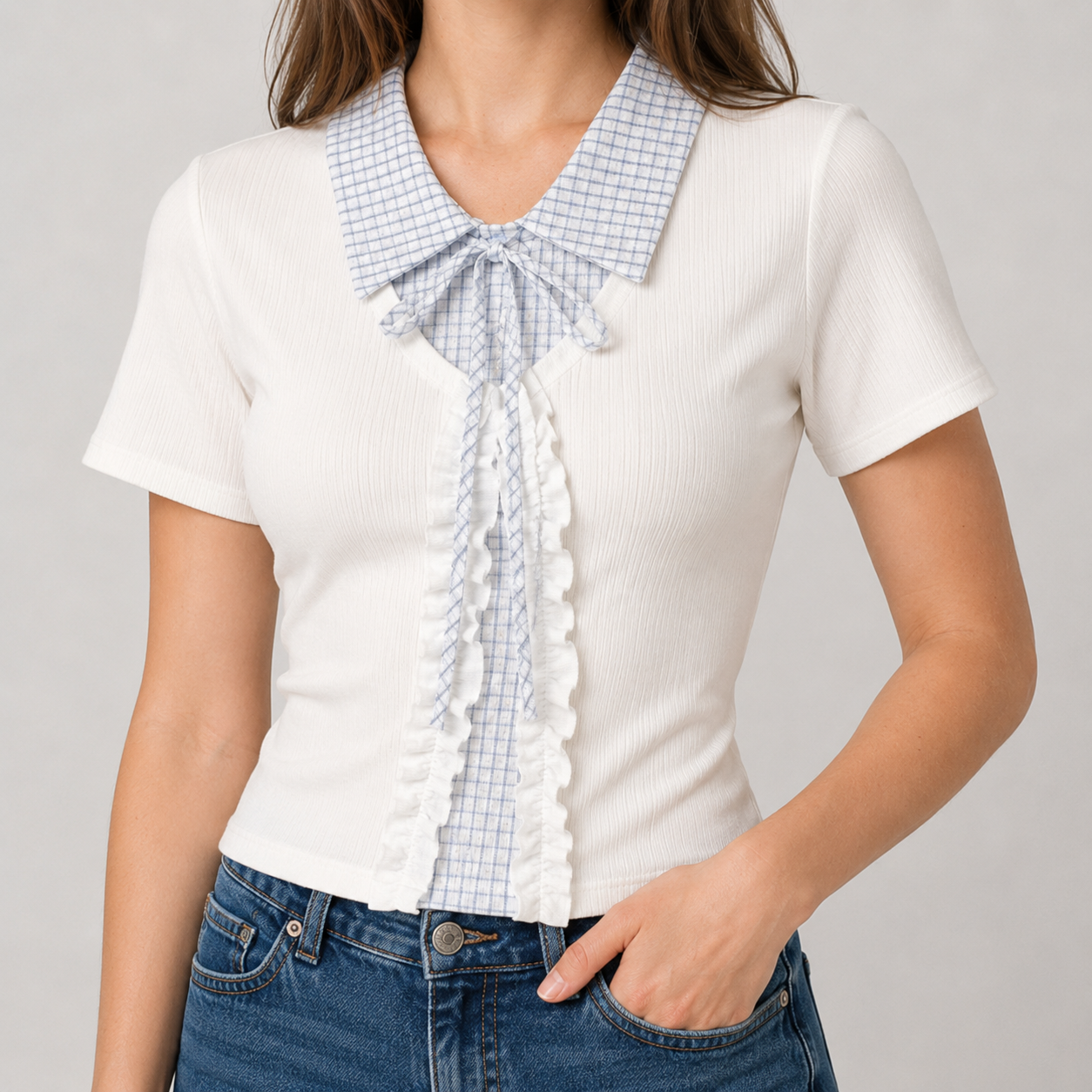 Plaid Collar Lace-Up Mock Layer Top