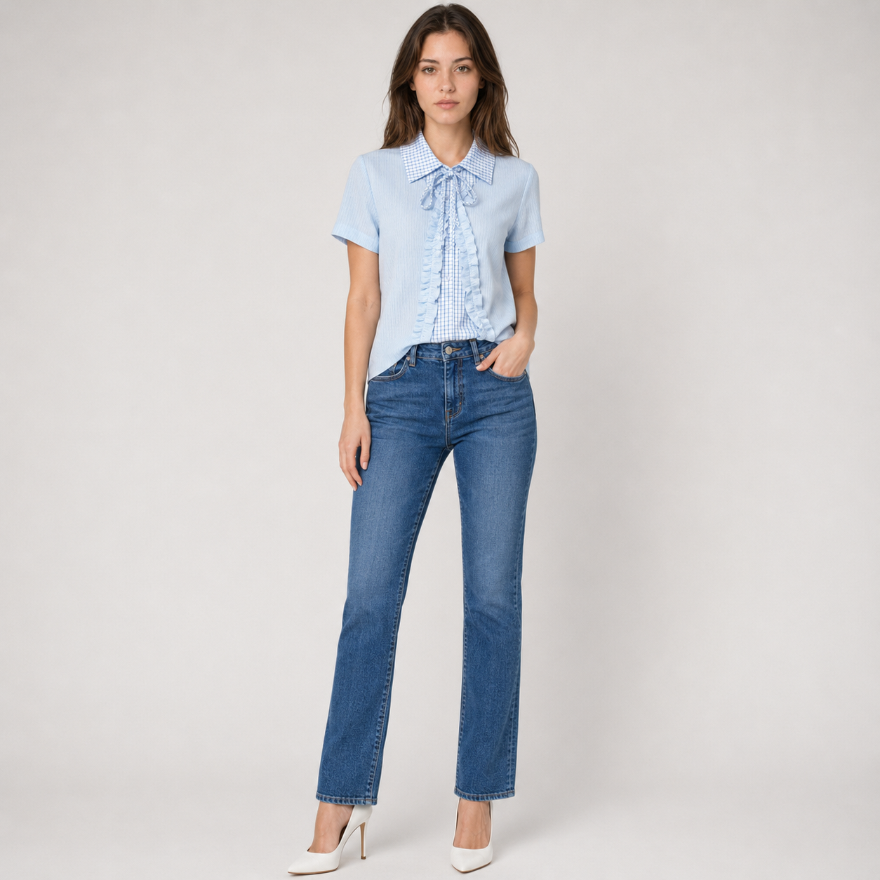 Plaid Collar Lace-Up Mock Layer Top