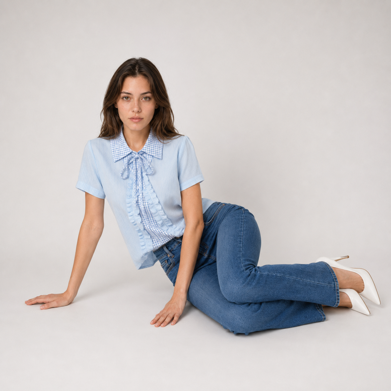 Plaid Collar Lace-Up Mock Layer Top