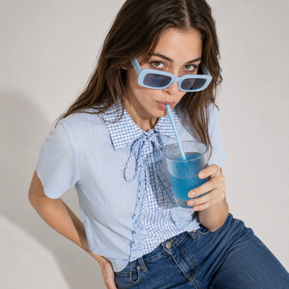 Plaid Collar Lace-Up Mock Layer Top