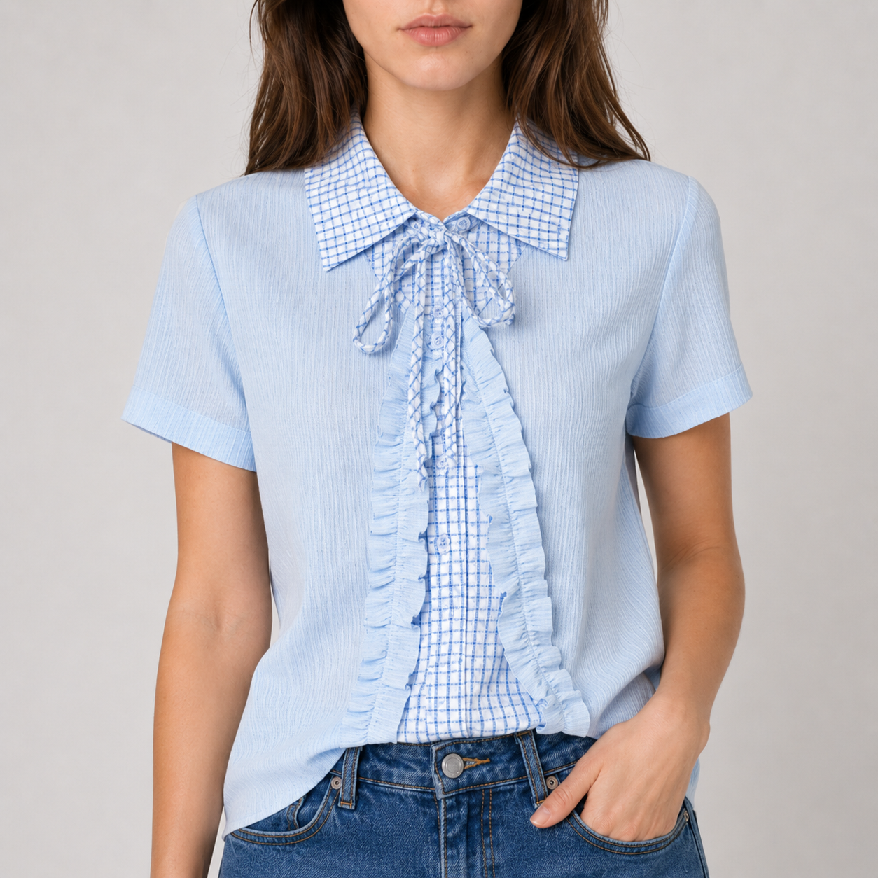 Plaid Collar Lace-Up Mock Layer Top