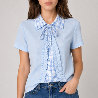 Plaid Collar Lace-Up Mock Layer Top