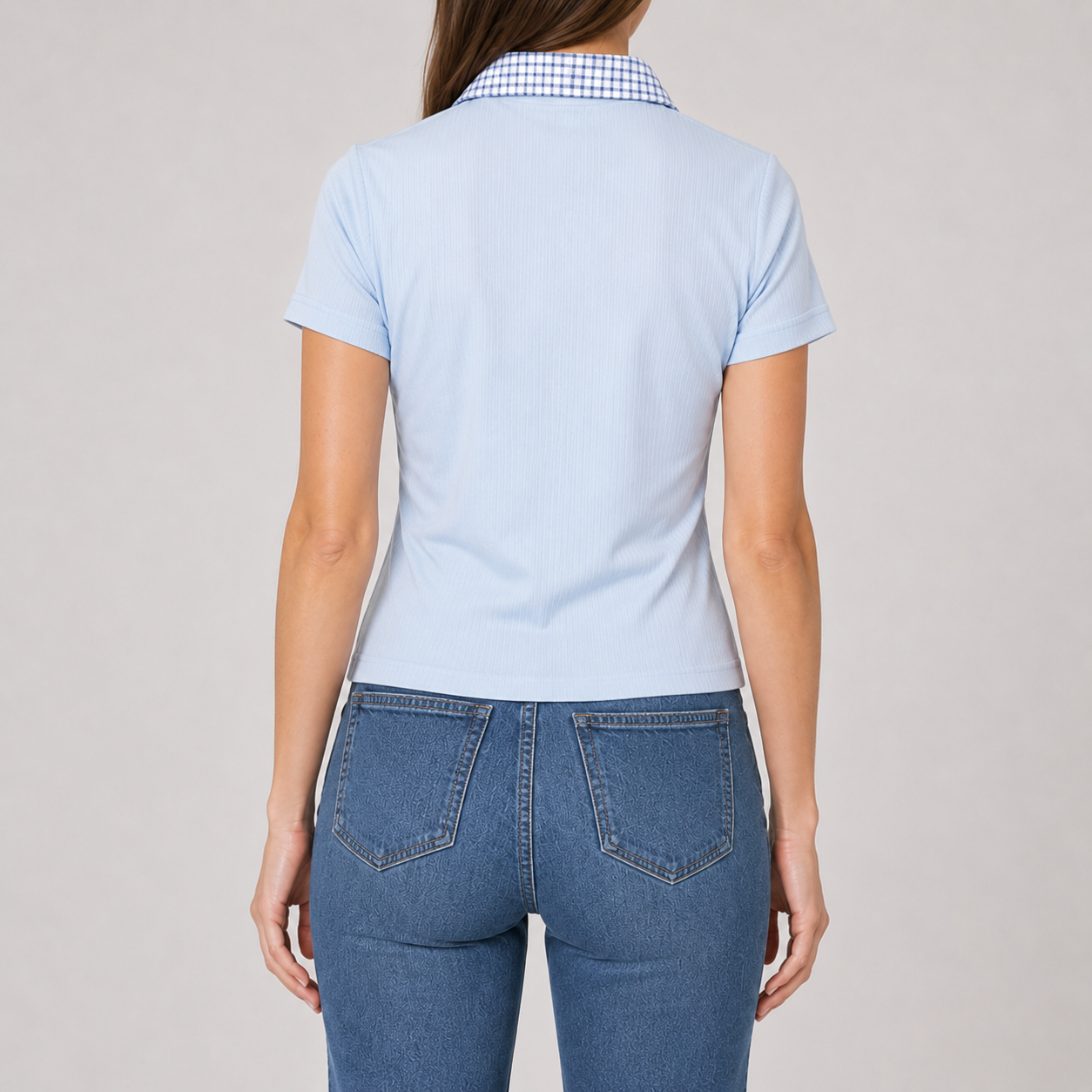 Plaid Collar Lace-Up Mock Layer Top