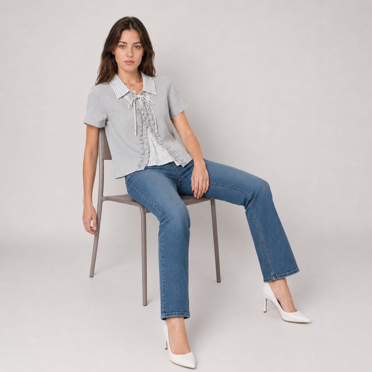 Plaid Collar Lace-Up Mock Layer Top