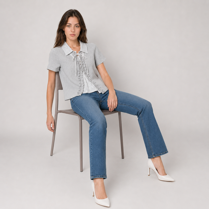 Plaid Collar Lace-Up Mock Layer Top