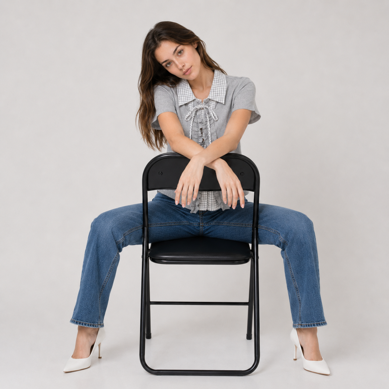 Plaid Collar Lace-Up Mock Layer Top
