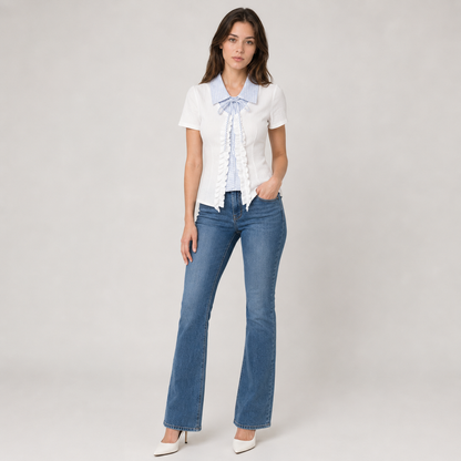 Plaid Collar Lace-Up Mock Layer Top