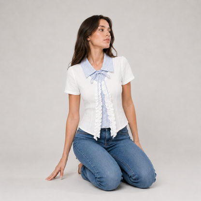 Plaid Collar Lace-Up Mock Layer Top