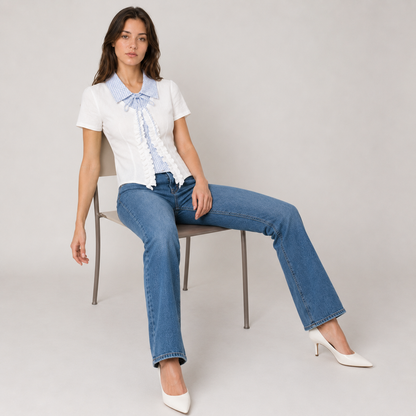 Plaid Collar Lace-Up Mock Layer Top