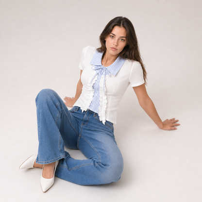 Plaid Collar Lace-Up Mock Layer Top