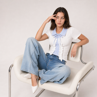 Plaid Collar Lace-Up Mock Layer Top