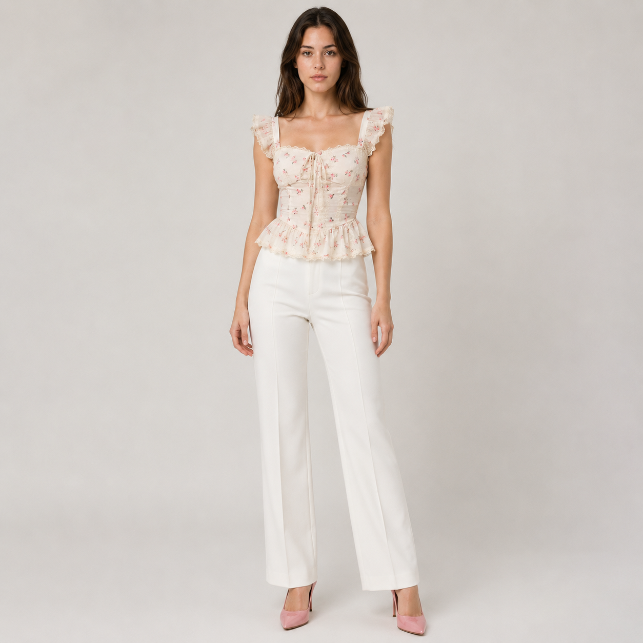 Floral Ruffle Sleeve Tie-Front Top