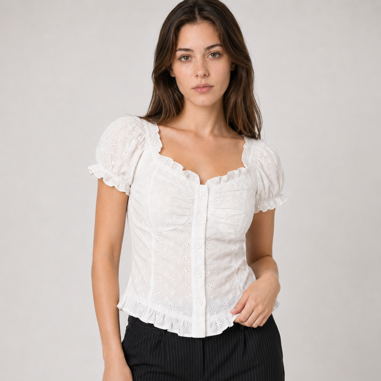Cotton Lace-Trimmed Short Sleeve Top