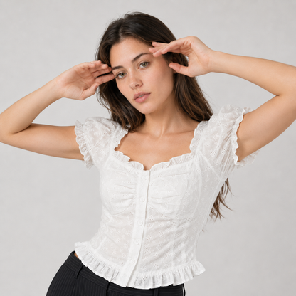 Cotton Lace-Trimmed Short Sleeve Top