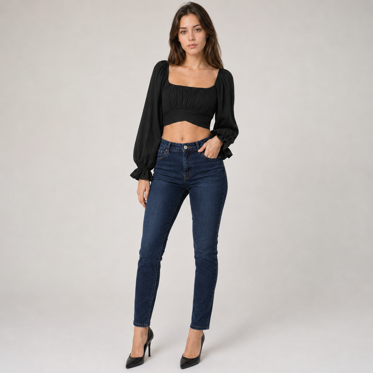 Square Neck Tie Sleeve Crop Top