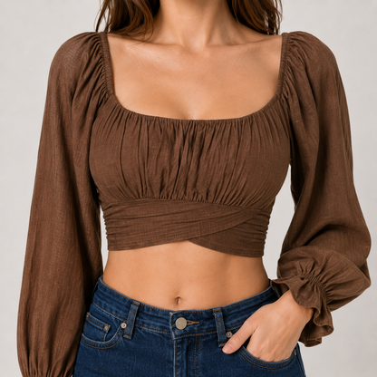 Square Neck Tie Sleeve Crop Top