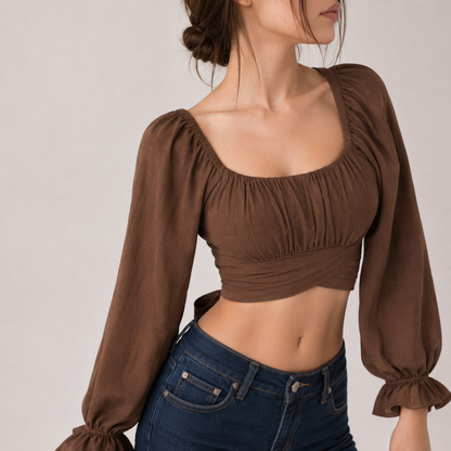 Square Neck Tie Sleeve Crop Top