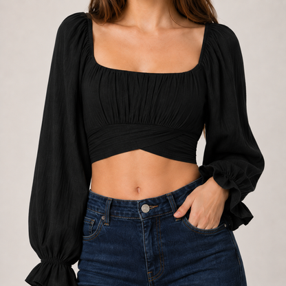 Square Neck Tie Sleeve Crop Top