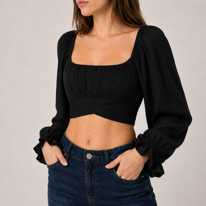Square Neck Tie Sleeve Crop Top