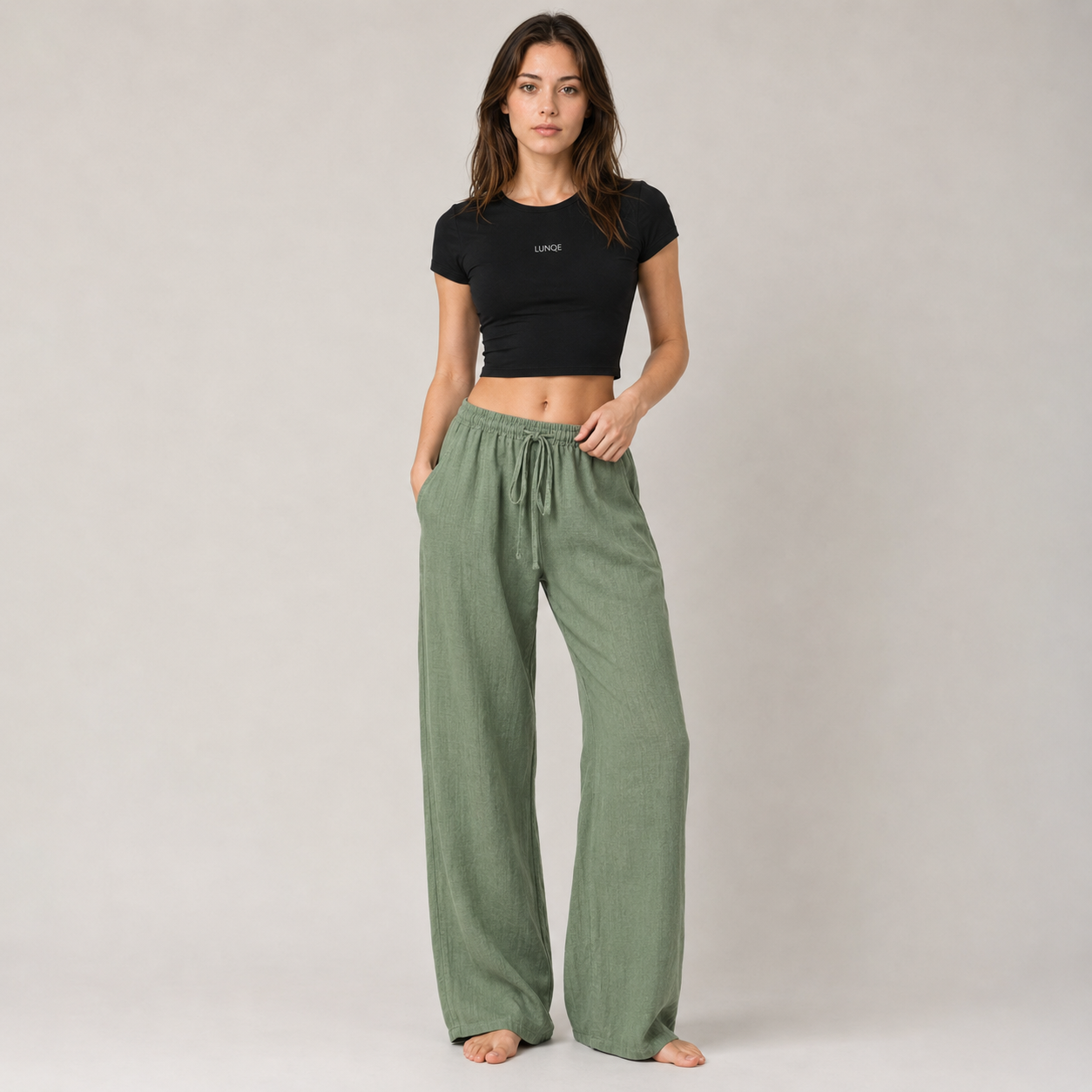 Cotton Linen Drawstring Wide Leg Pants