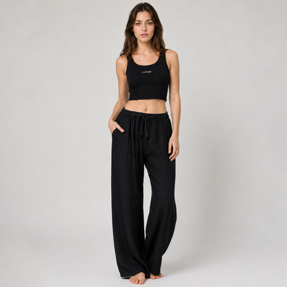 Cotton Linen Drawstring Wide Leg Pants