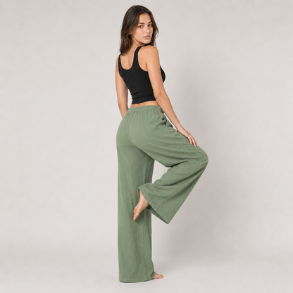 Cotton Linen Drawstring Wide Leg Pants