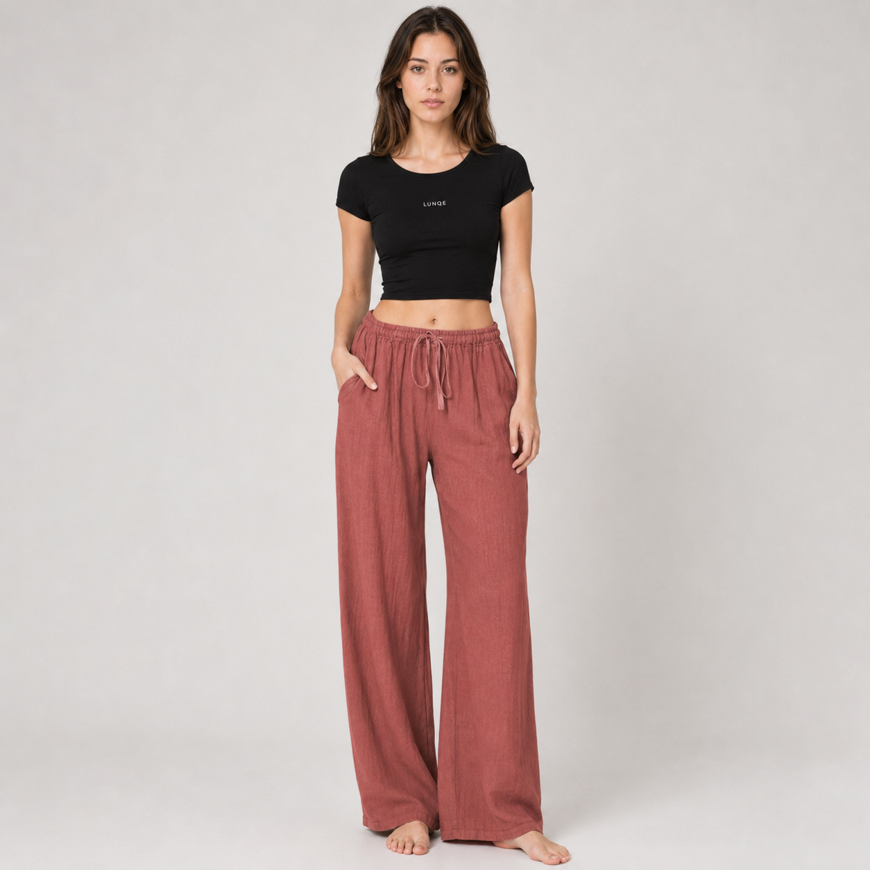 Cotton Linen Drawstring Wide Leg Pants