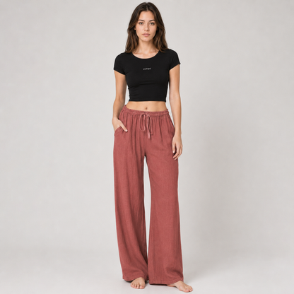 Cotton Linen Drawstring Wide Leg Pants