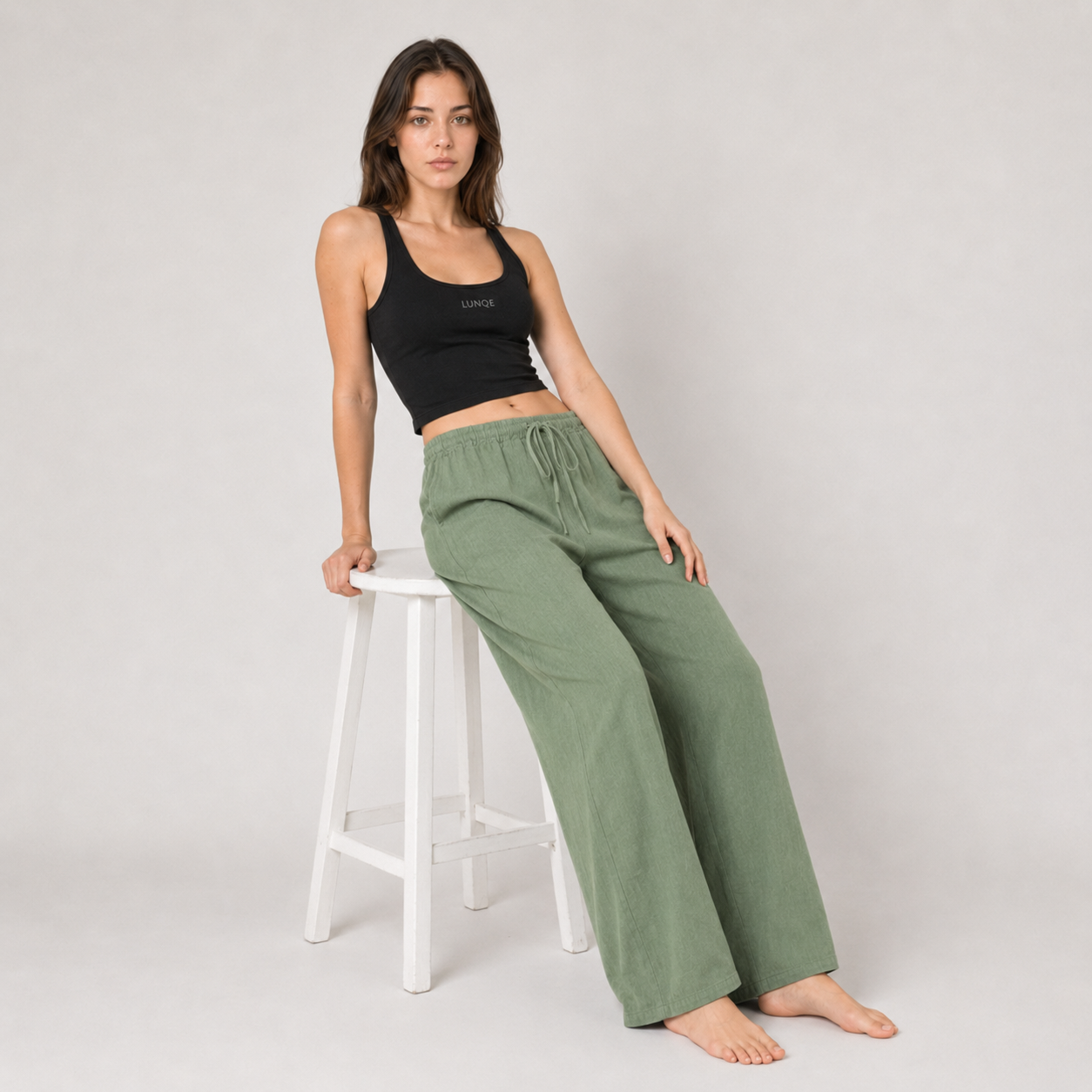 Cotton Linen Drawstring Wide Leg Pants