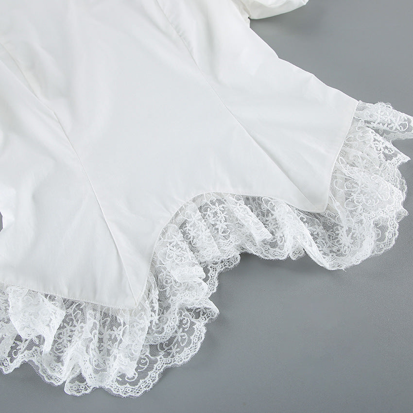Lace Hem Puff Sleeve Cotton Blouse